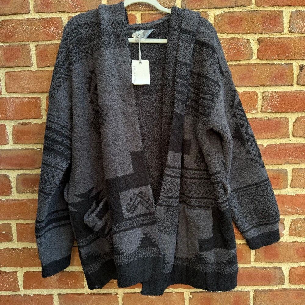 Barefoot Dreams Women's Patchwork Belted Hooded Cardigan Carbon Black 2X NWT - Picture 2 of 11